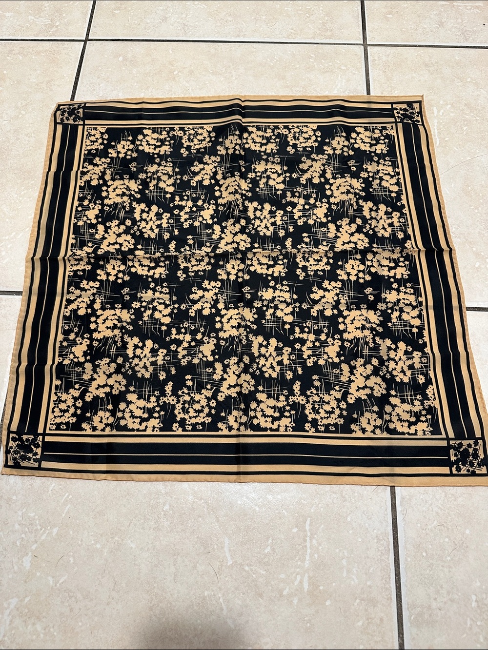 Robinson Golluber Black & Tan Patterned Square Scarf 21 1/2 “ square